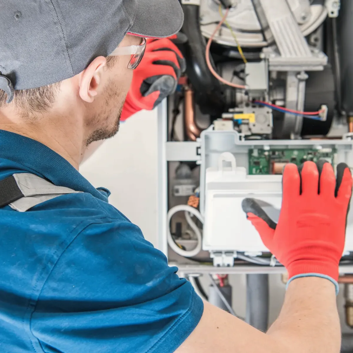 Technician in red gloves servicing a boiler's controls