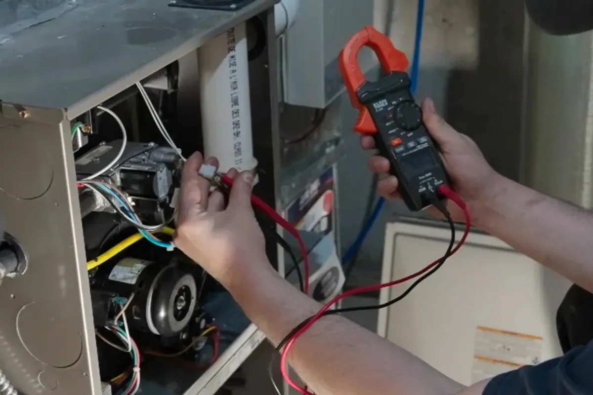 Technician testing a furnace's wiring with a clamp meter